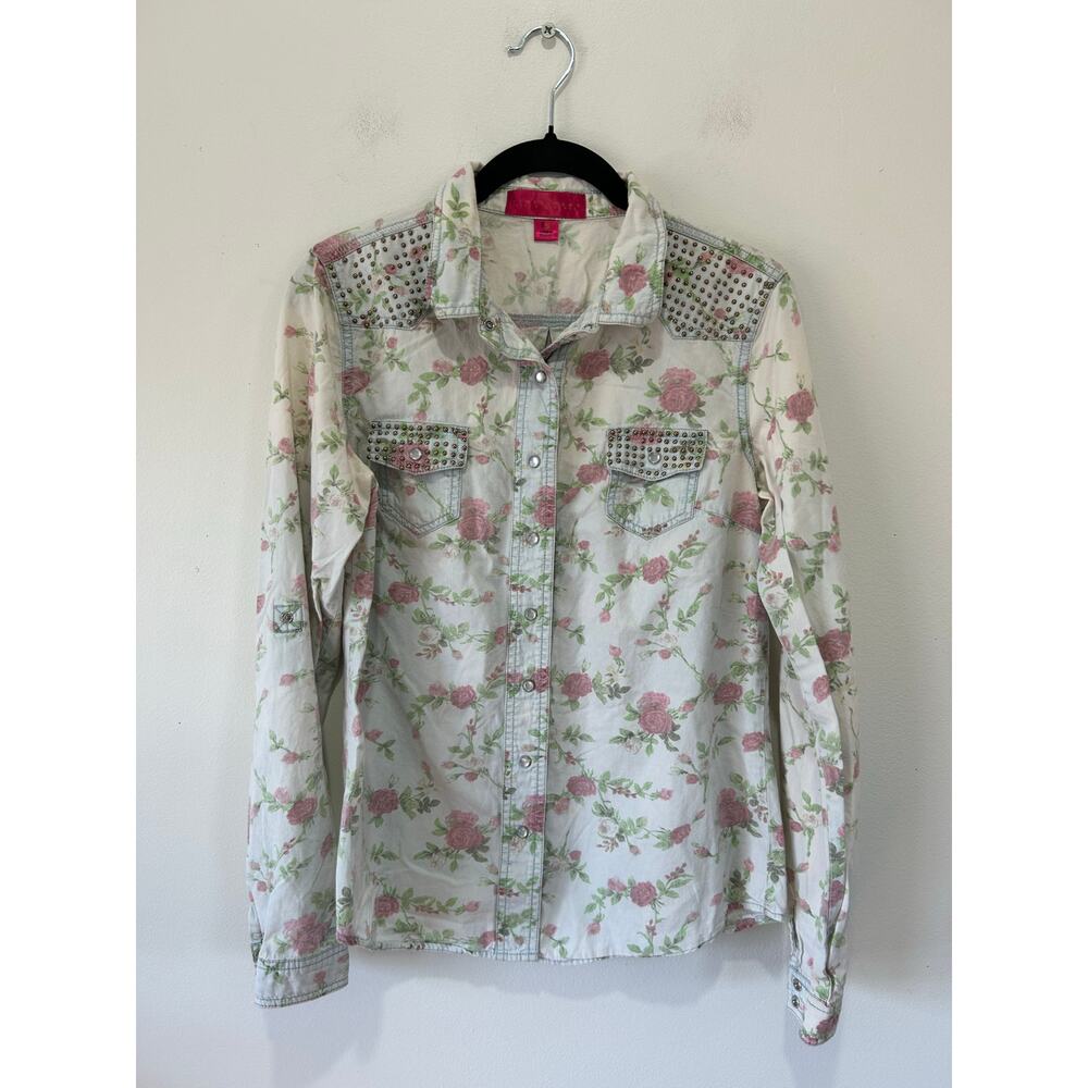 Tinseltown pearl button western floral button down womens S studded